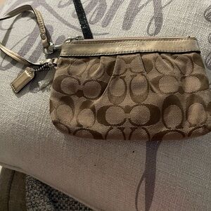 Coach Tan Signature Jacquard Wristlet with Metallic Trim